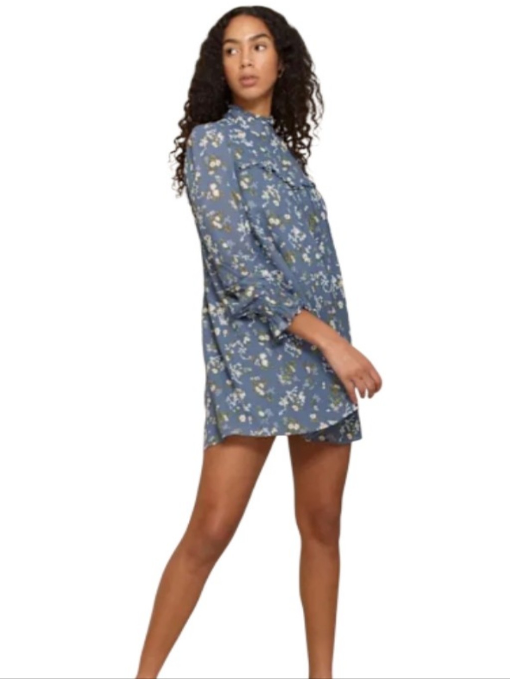 Reformation Jourdan Blue Floral Mini Long Sleeve Ruffle Dress